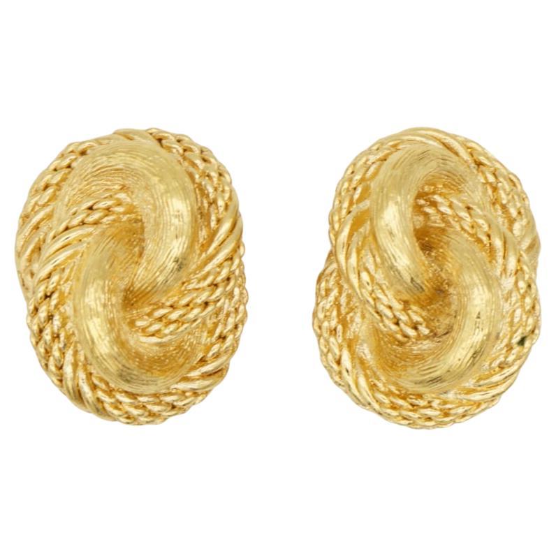 Christian Dior Vintage 1980s Textured Interlocked Twist Knot Gold Clip Earrings