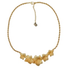 Christian Dior Vintage 1980s Textured Ivy Maple Five Leaf Pendant Gold Necklace