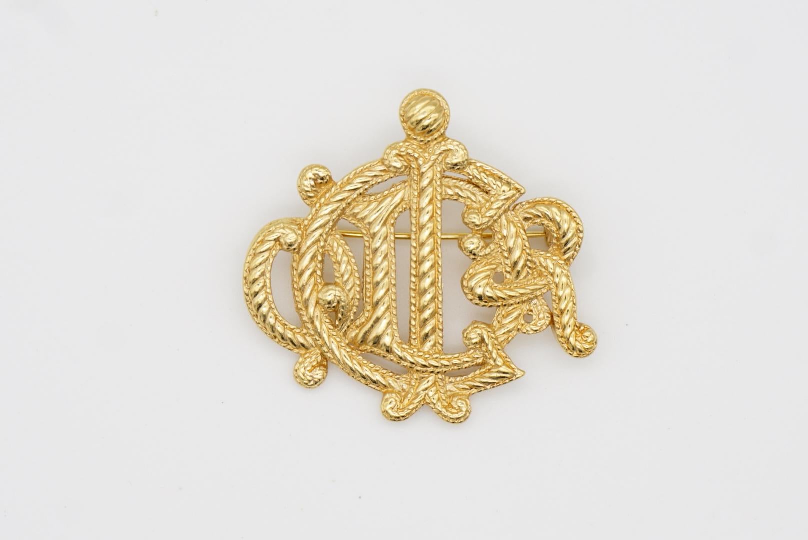 Women's or Men's Christian Dior Vintage 1980s Textured Large Logo Monogram Rope Gold Brooch For Sale