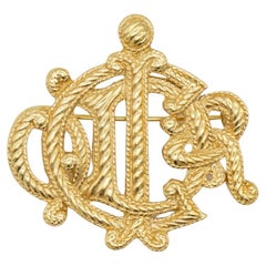 Christian Dior Vintage 1980s Textured Large Logo Monogram Rope Gold Brooch