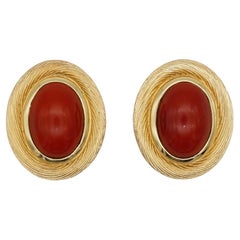 Christian Dior Vintage 1980s Textured Large Ruby Red Oval Cabochon Clip Earrings