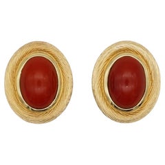 Christian Dior Vintage 1980s Textured Large Ruby Red Oval Cabochon Clip Earrings