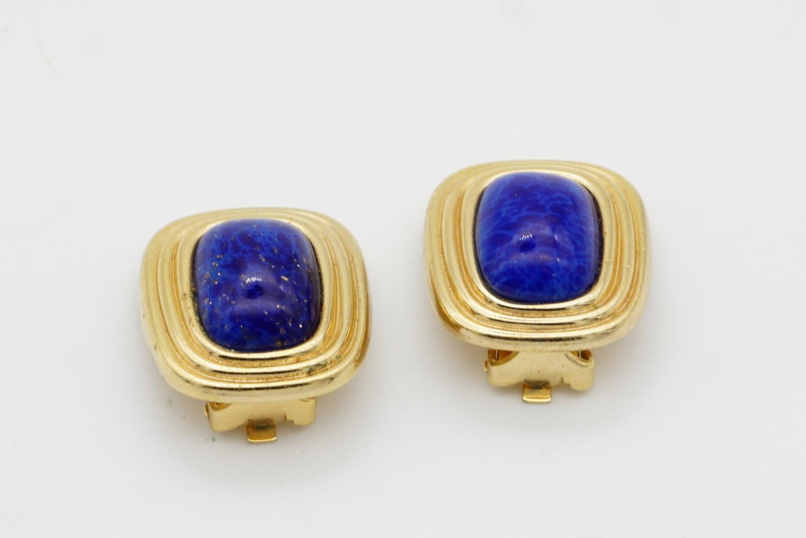 Christian Dior Vintage 1980s Textured Navy Lapis Cabochon Rectangle Earrings For Sale 5