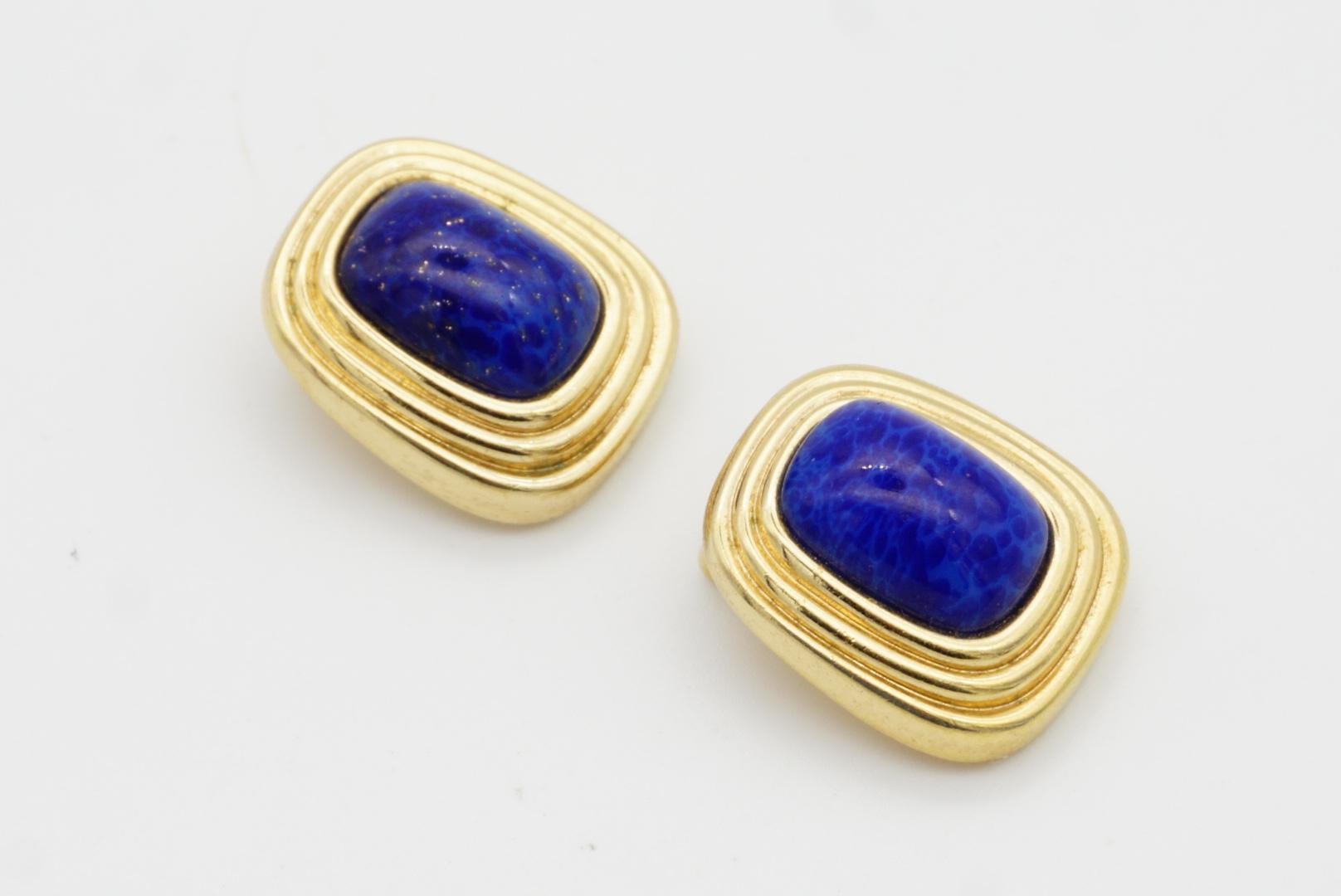 Christian Dior Vintage 1980s Textured Navy Lapis Cabochon Rectangle Earrings For Sale 6