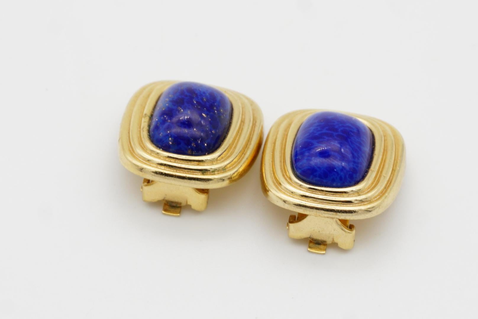 Christian Dior Vintage 1980s Textured Navy Lapis Cabochon Rectangle Earrings For Sale 7