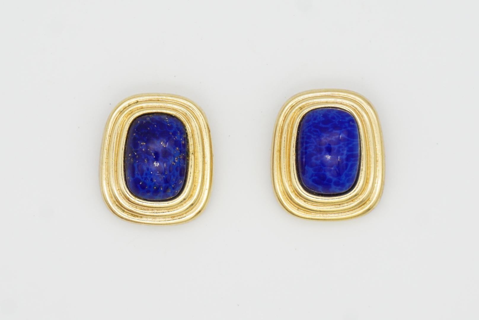 Christian Dior Vintage 1980s Textured Navy Lapis Cabochon Rectangle Earrings For Sale 3
