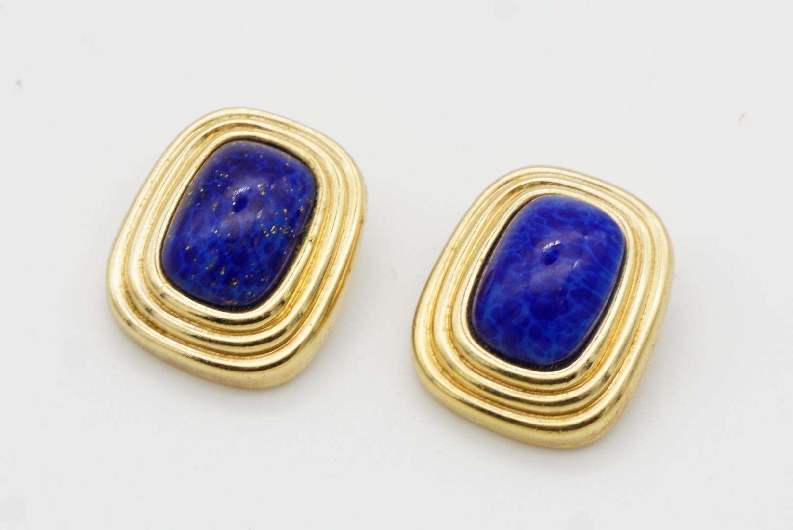 Christian Dior Vintage 1980s Textured Navy Lapis Cabochon Rectangle Earrings For Sale 4