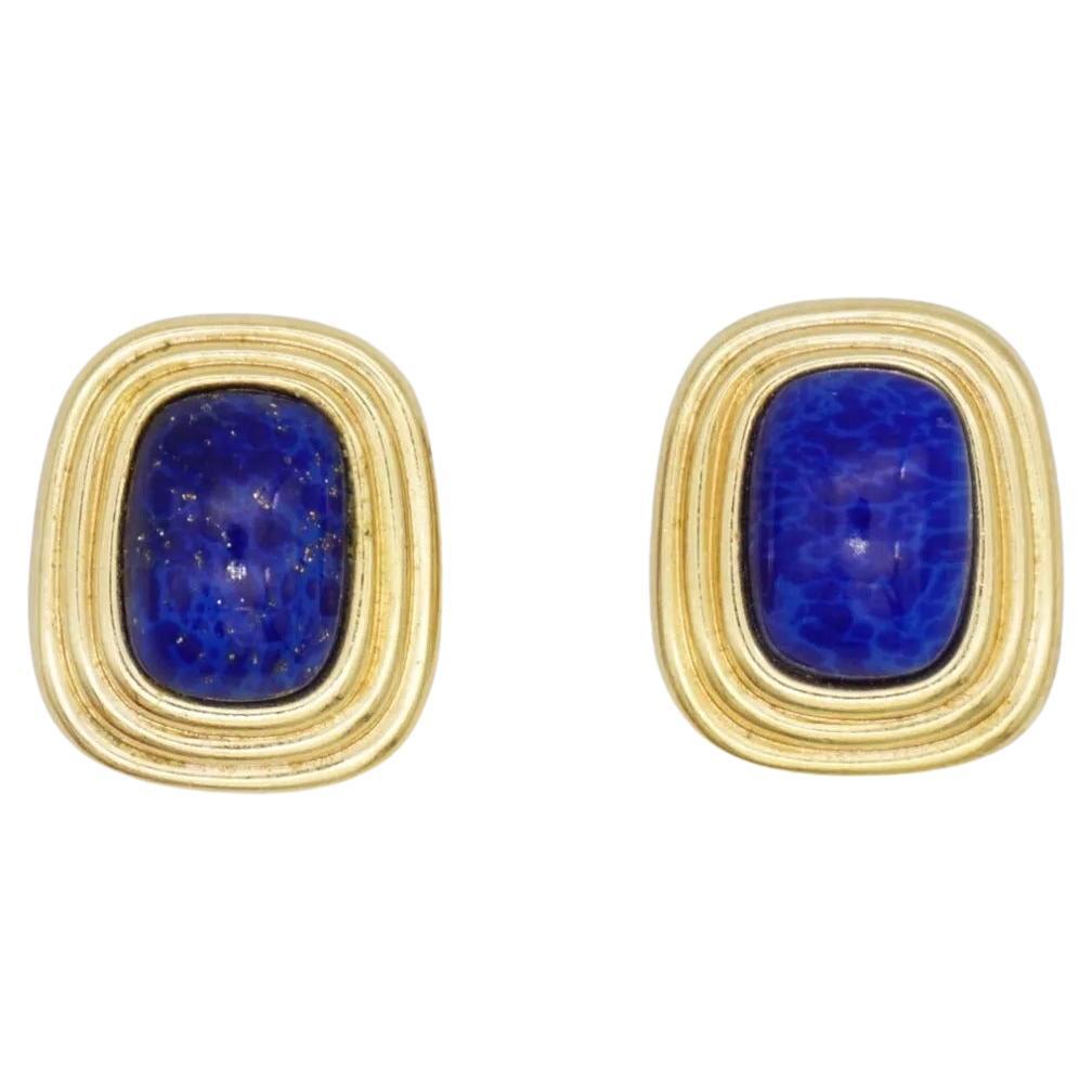 Christian Dior Vintage 1980s Textured Navy Lapis Cabochon Rectangle Earrings For Sale