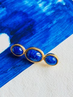 Christian Dior Vintage 1980er Jahre Lange Bar-Goldbrosche mit drei Lapislazuli- Marineblauen Perlen