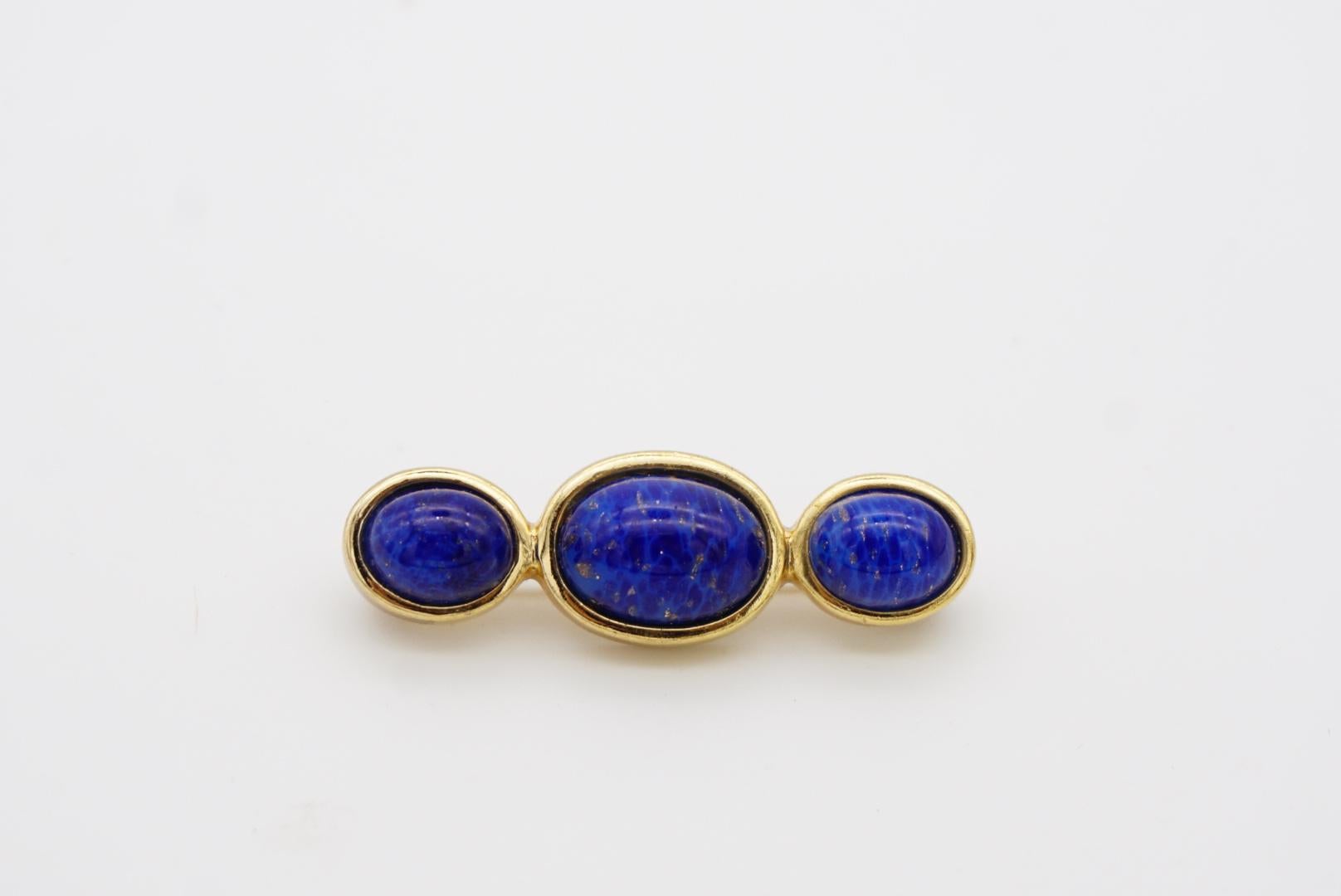 Christian Dior Vintage 1980s Three Lapis Navy Blue Pearls Long Bar Gold Brooch For Sale 1