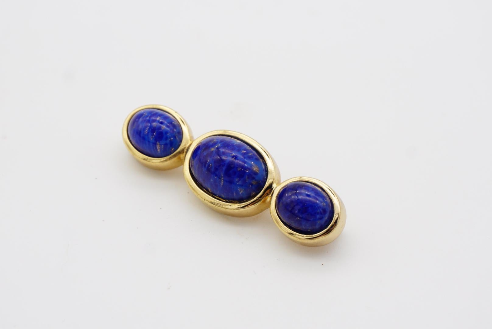 Christian Dior Vintage 1980s Three Lapis Navy Blue Pearls Long Bar Gold Brooch For Sale 2