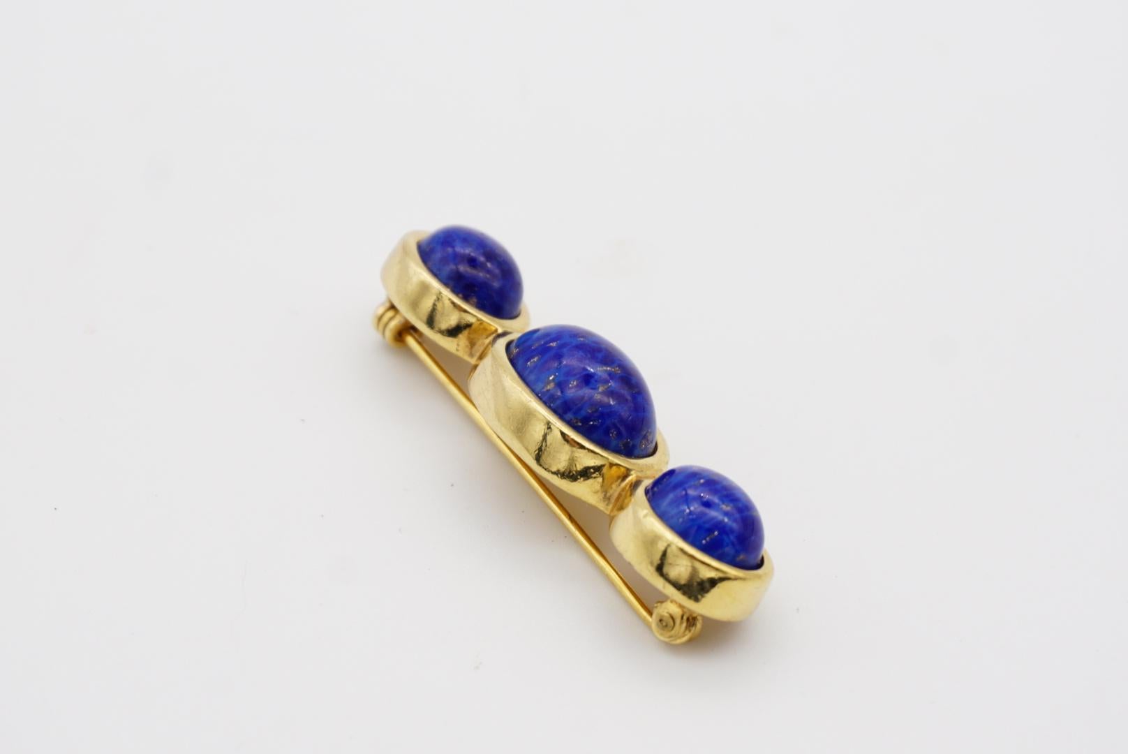 Christian Dior Vintage 1980s Three Lapis Navy Blue Pearls Long Bar Gold Brooch For Sale 3