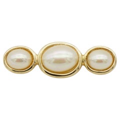 Christian Dior Vintage 1980s Three Trio White Oval Pearls Long Bar Gold Brooch 