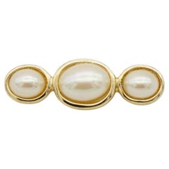 Christian Dior Vintage 1980s Three Trio White Oval Pearls Long Bar Gold Brooch