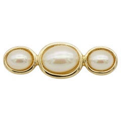 Christian Dior Retro 1980s Three Trio White Oval Pearls Long Bar Gold Brooch 