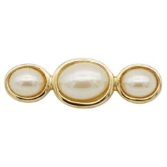Christian Dior Vintage 1980s Three Trio White Oval Pearls Long Bar Gold Brooch