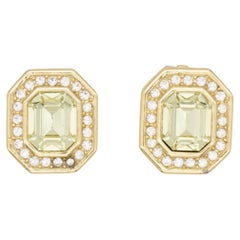 Christian Dior Vintage 1980s Topaz Light Green Octagon Crystals Clip Earrings