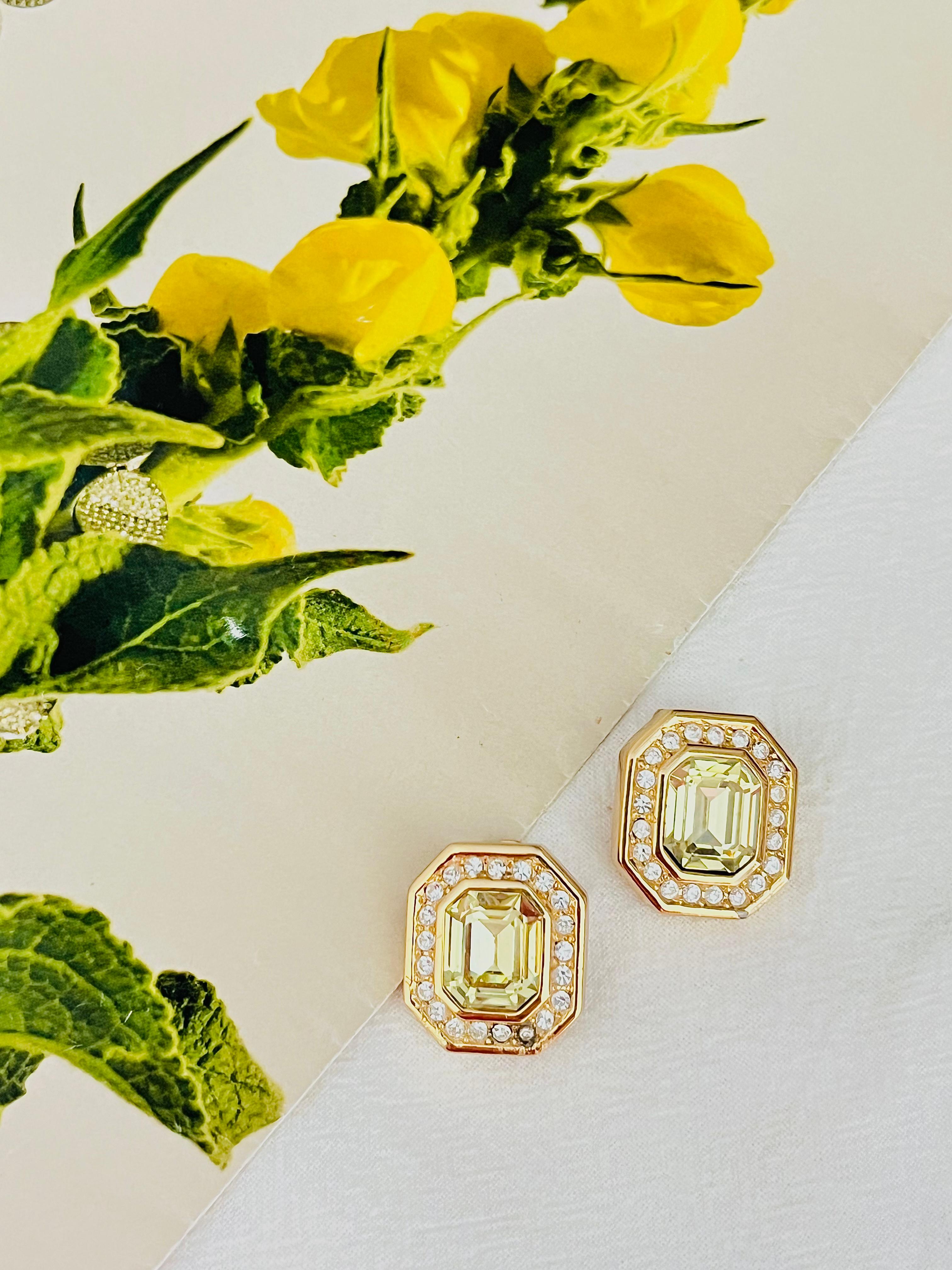 Art Deco Christian Dior Vintage 1980s Topaz Light Green Octagon Crystals Clip Earrings
