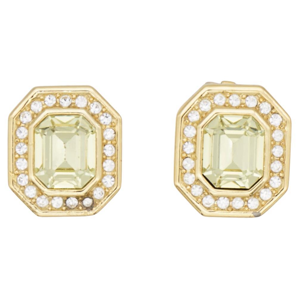 Christian Dior Vintage 1980s Topaz Light Green Octagon Crystals Clip Earrings