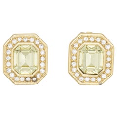 Christian Dior Vintage 1980s Topaz Light Green Octagon Crystals Clip Earrings