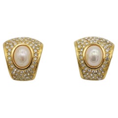 Christian Dior Vintage 1980s Trapezoid White Oval Pearl Crystals Fan Earrings