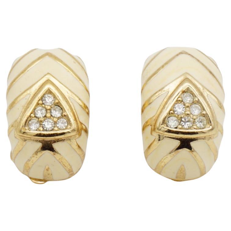 Christian Dior Vintage 1980s Triangle Crystals Beige Hoop Domed Clip Earrings