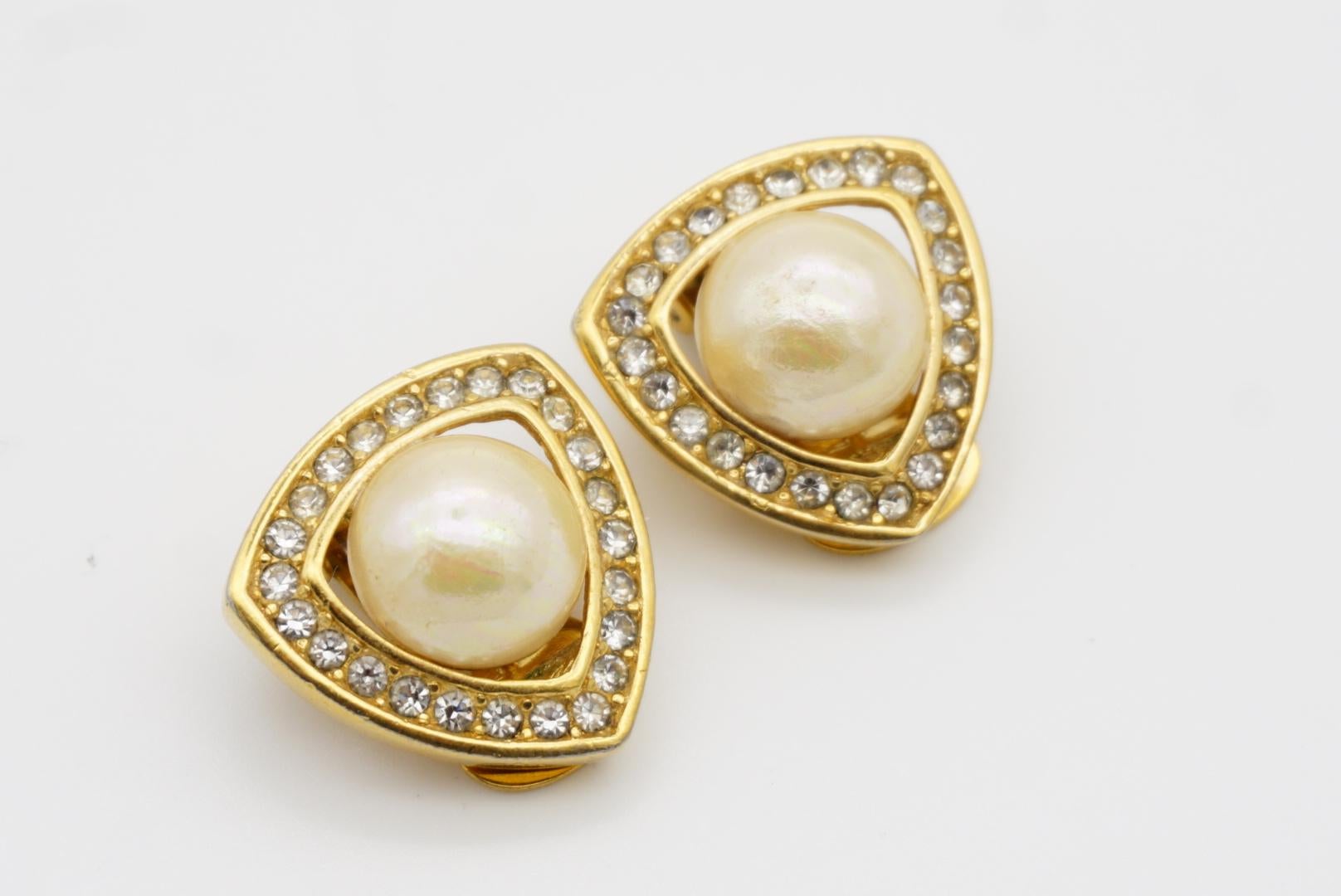Christian Dior Vintage 1980s Triangle Openwork White Pearl Crystals Earrings For Sale 5