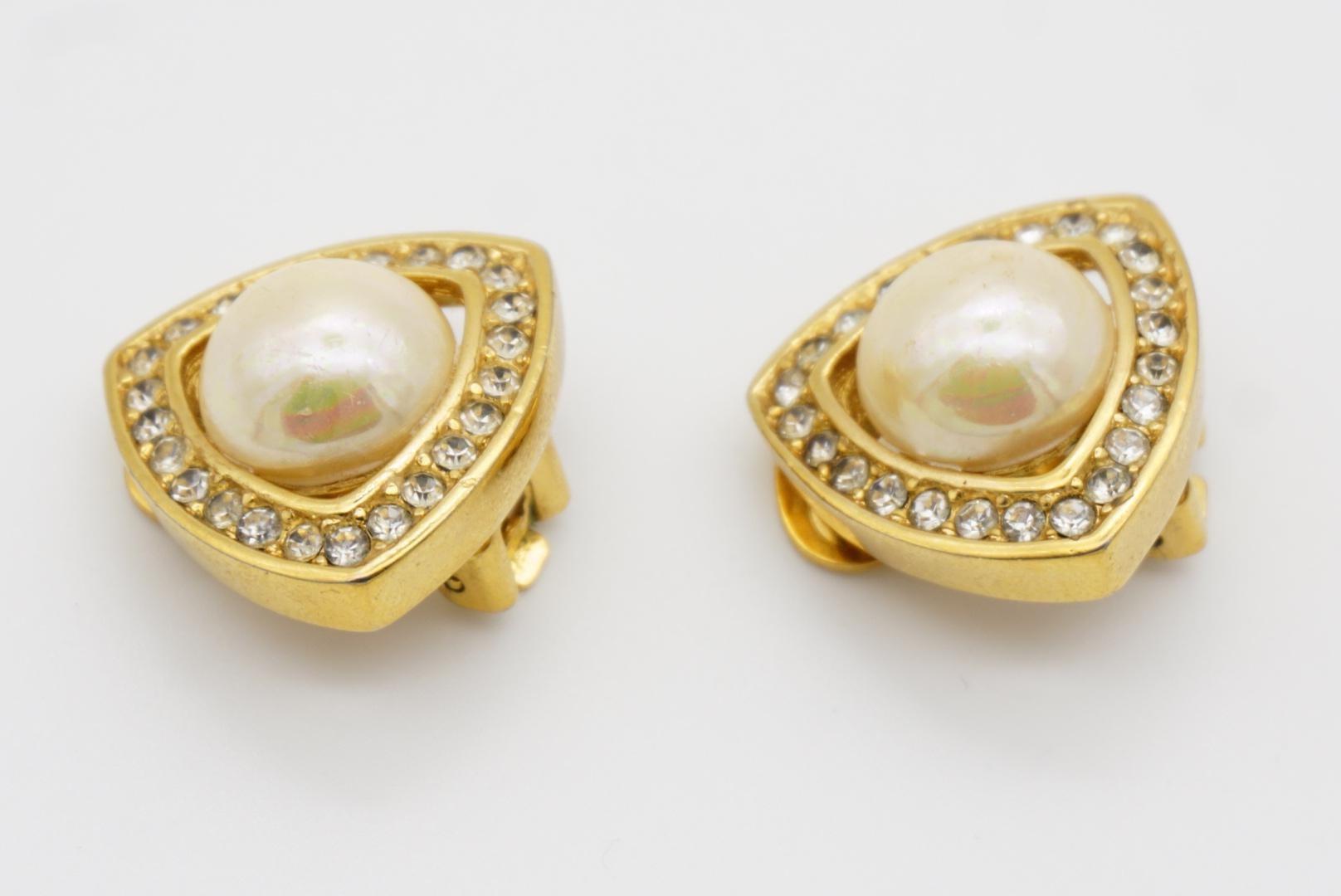 Christian Dior Vintage 1980s Triangle Openwork White Pearl Crystals Earrings For Sale 6