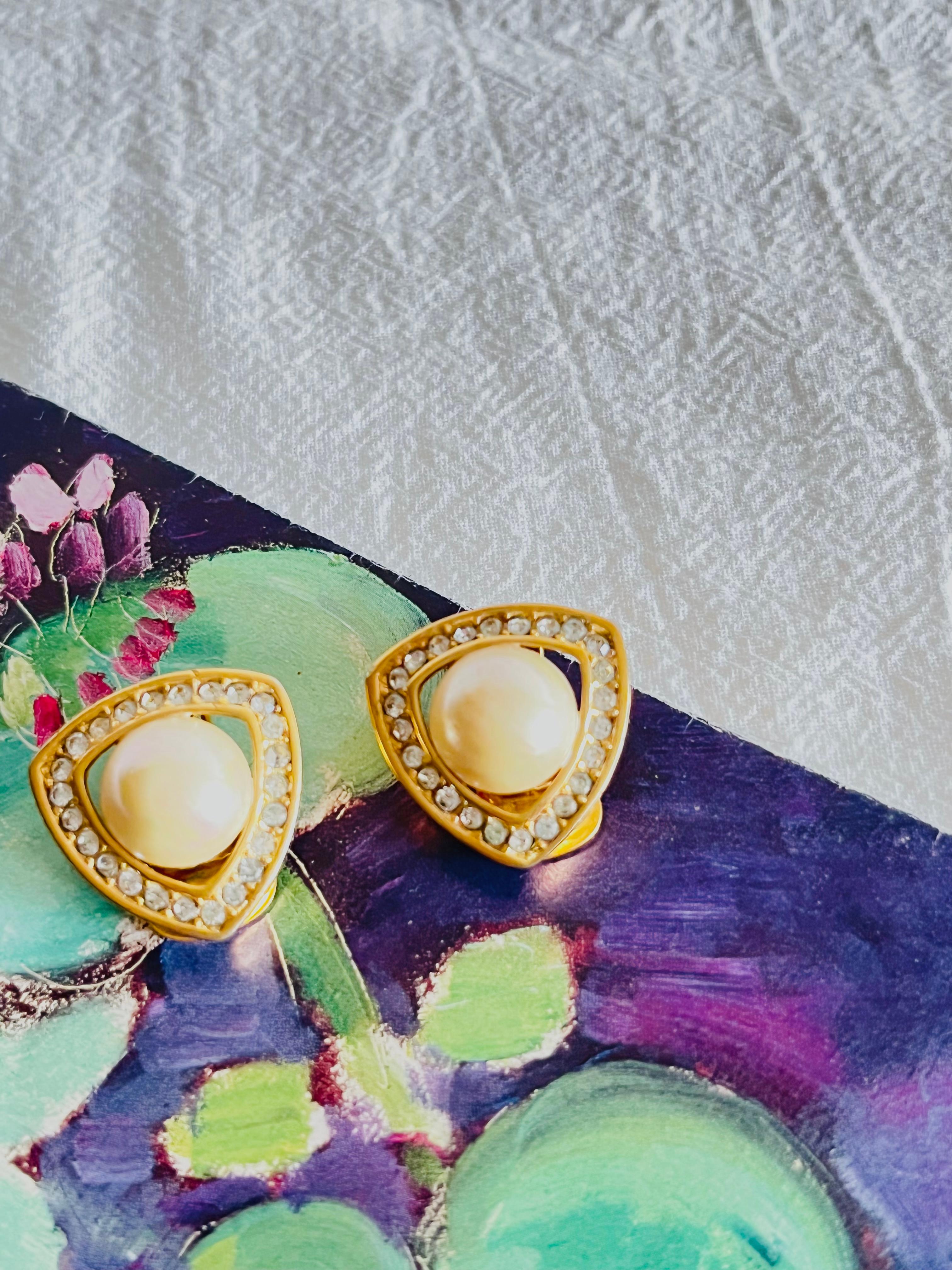 Art Deco Christian Dior Vintage 1980s Triangle Openwork White Pearl Crystals Earrings For Sale