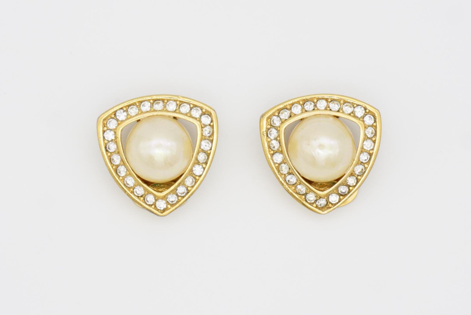 Christian Dior Vintage 1980s Triangle Openwork White Pearl Crystals Earrings For Sale 4
