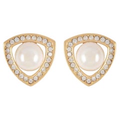Christian Dior Vintage 1980s Triangle Openwork White Pearl Crystals Earrings