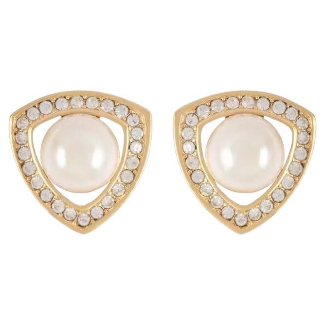 Christian Dior Vintage 1980s Triangle Openwork White Pearl Crystals Earrings For Sale