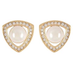 Christian Dior Vintage 1980s Triangle Openwork White Pearl Crystals Earrings