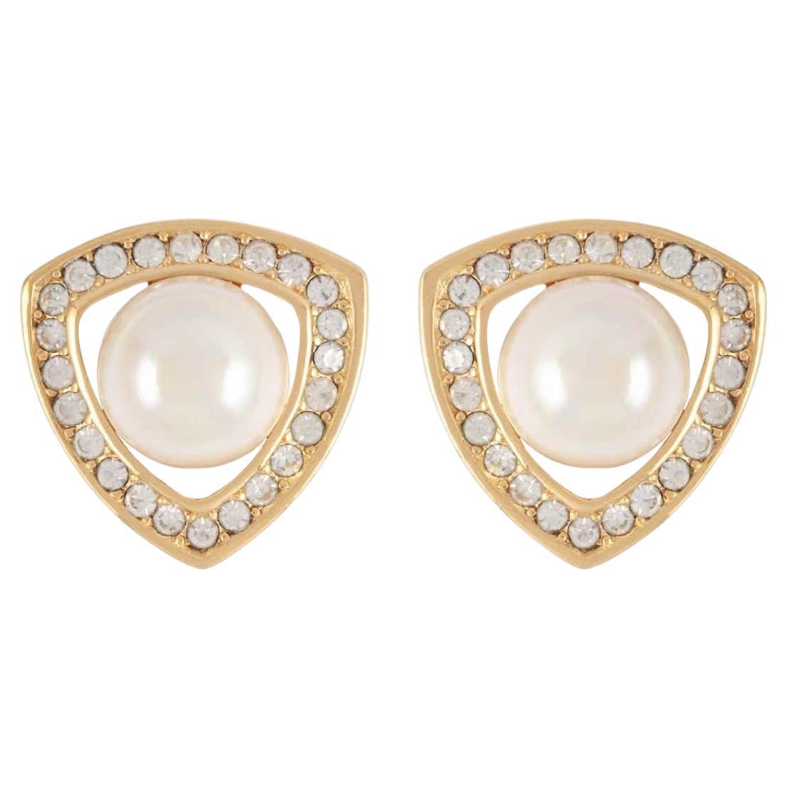 Christian Dior Vintage 1980s Triangle Openwork White Pearl Crystals Earrings For Sale