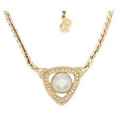 Christian Dior Vintage 1980s Triangle Openwork White Pearl Crystals Necklace
