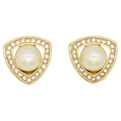 Christian Dior Retro 1980s Triangle Openwork White Pearls Crystals Earrings