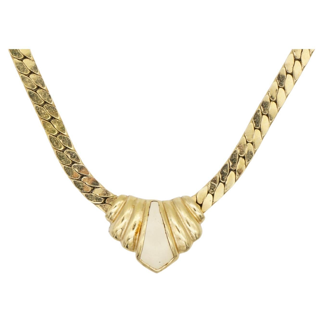 Christian Dior Vintage 1980s Triangle Swirl Cream Enamel Gold Pendant Necklace