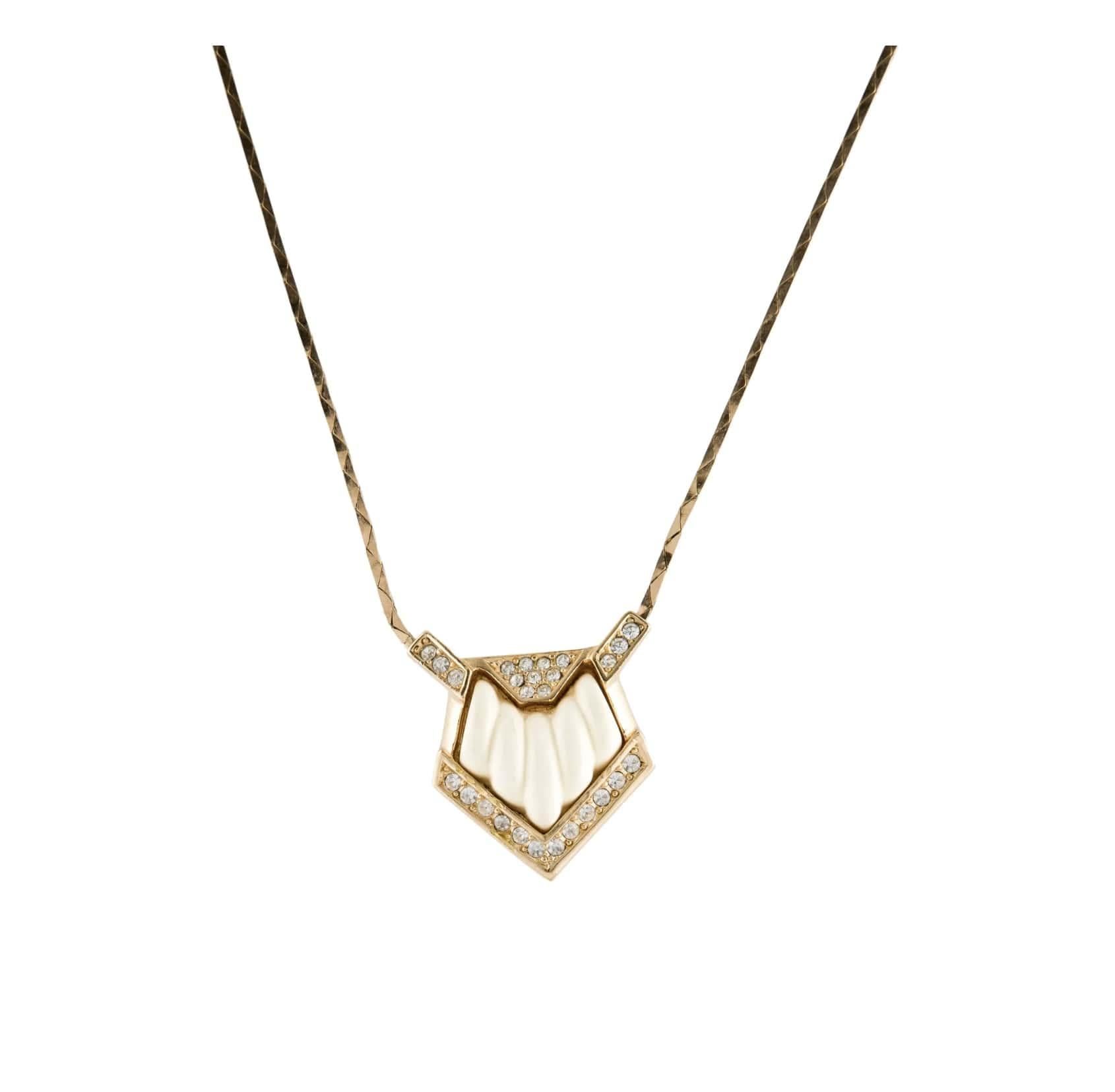 Christian Dior Vintage 1980s Triangle White Cream Crystal Gold Pendant Necklace For Sale 6