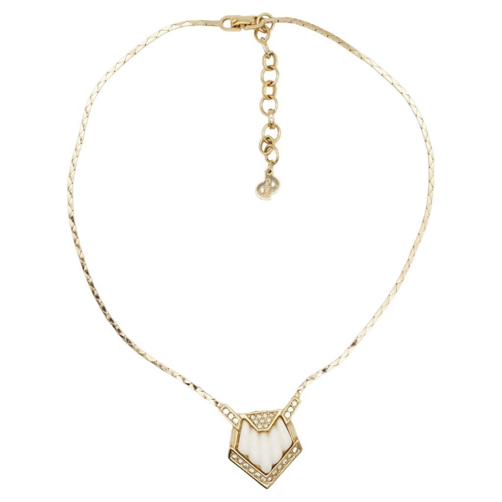 Christian Dior Vintage 1980s Triangle White Cream Crystal Gold Pendant Necklace