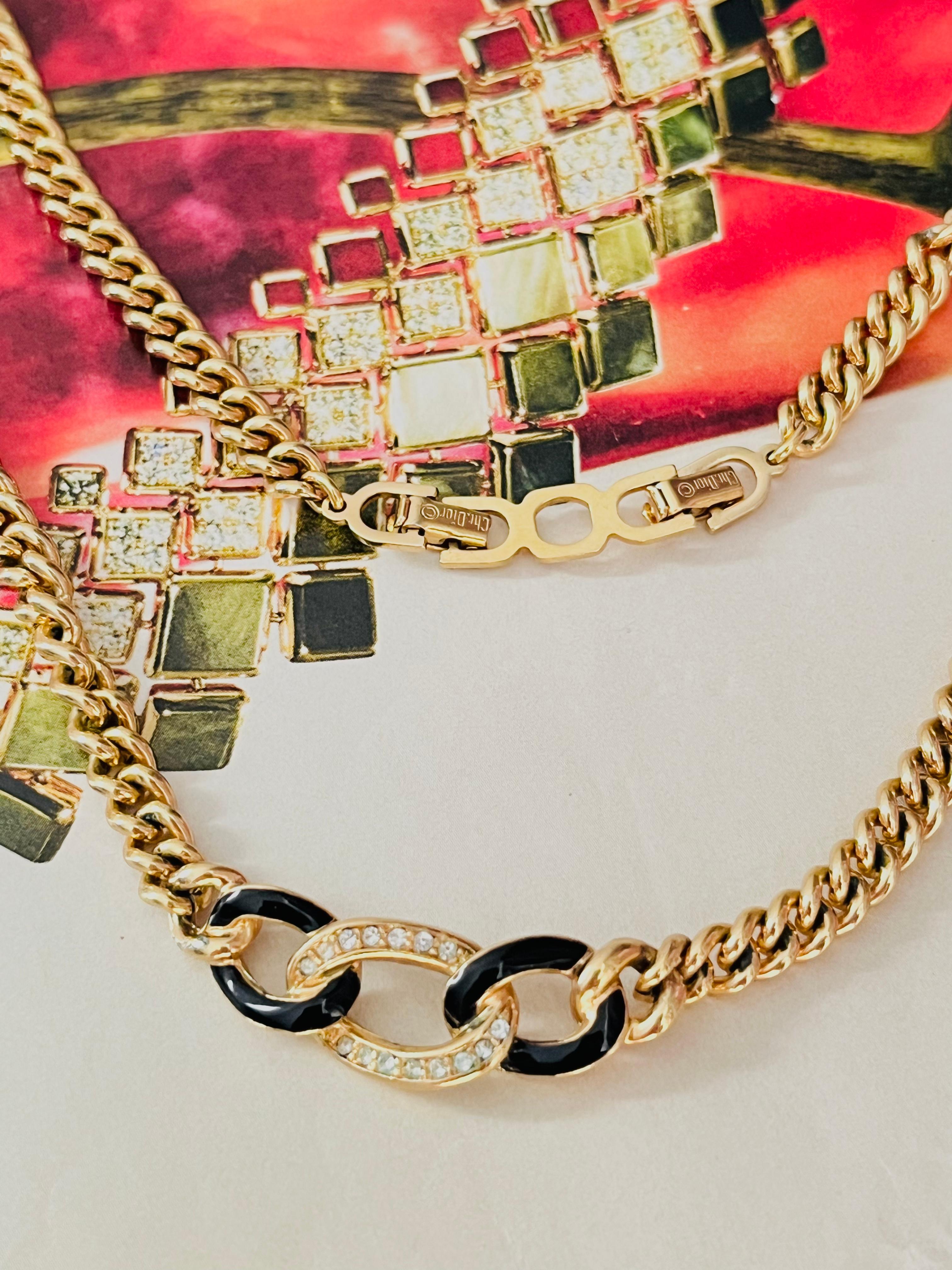 Art Deco Christian Dior Vintage 1980s Trio Interlocked Oval Black Crystals Gold Necklace