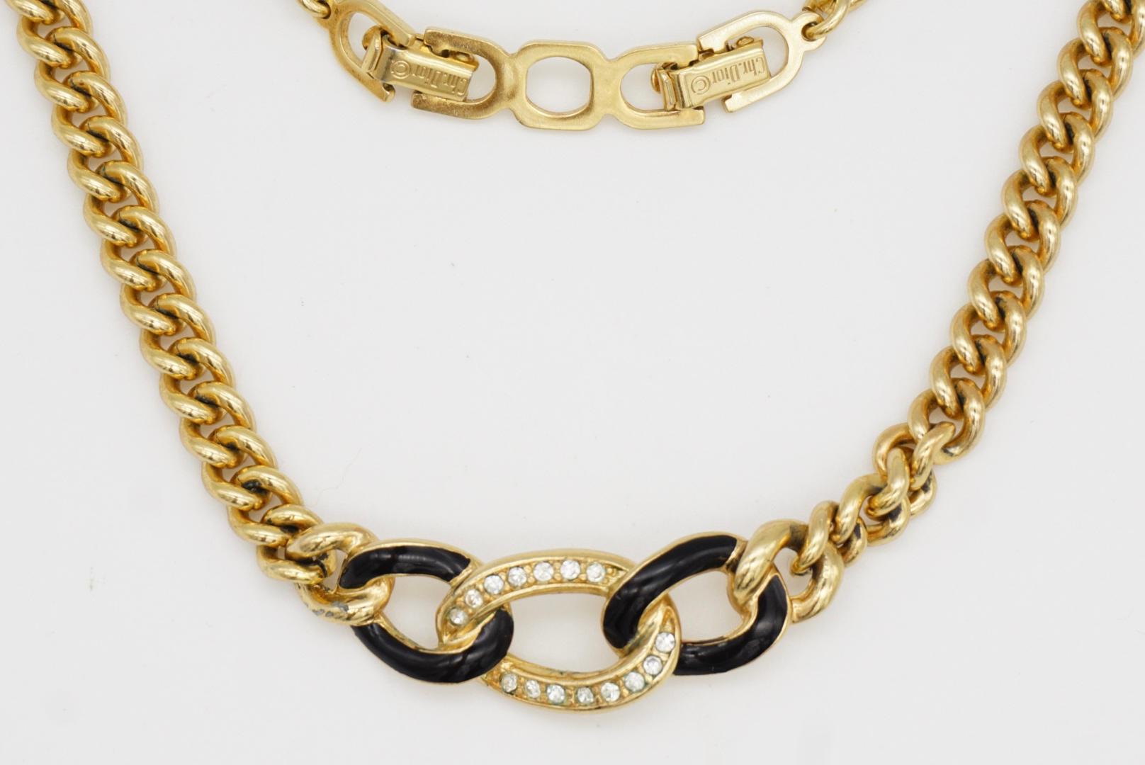 Christian Dior Vintage 1980s Trio Interlocked Oval Black Crystals Gold Necklace 3