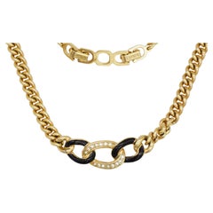 Christian Dior Vintage 1980s Trio Interlocked Oval Black Crystals Gold Necklace