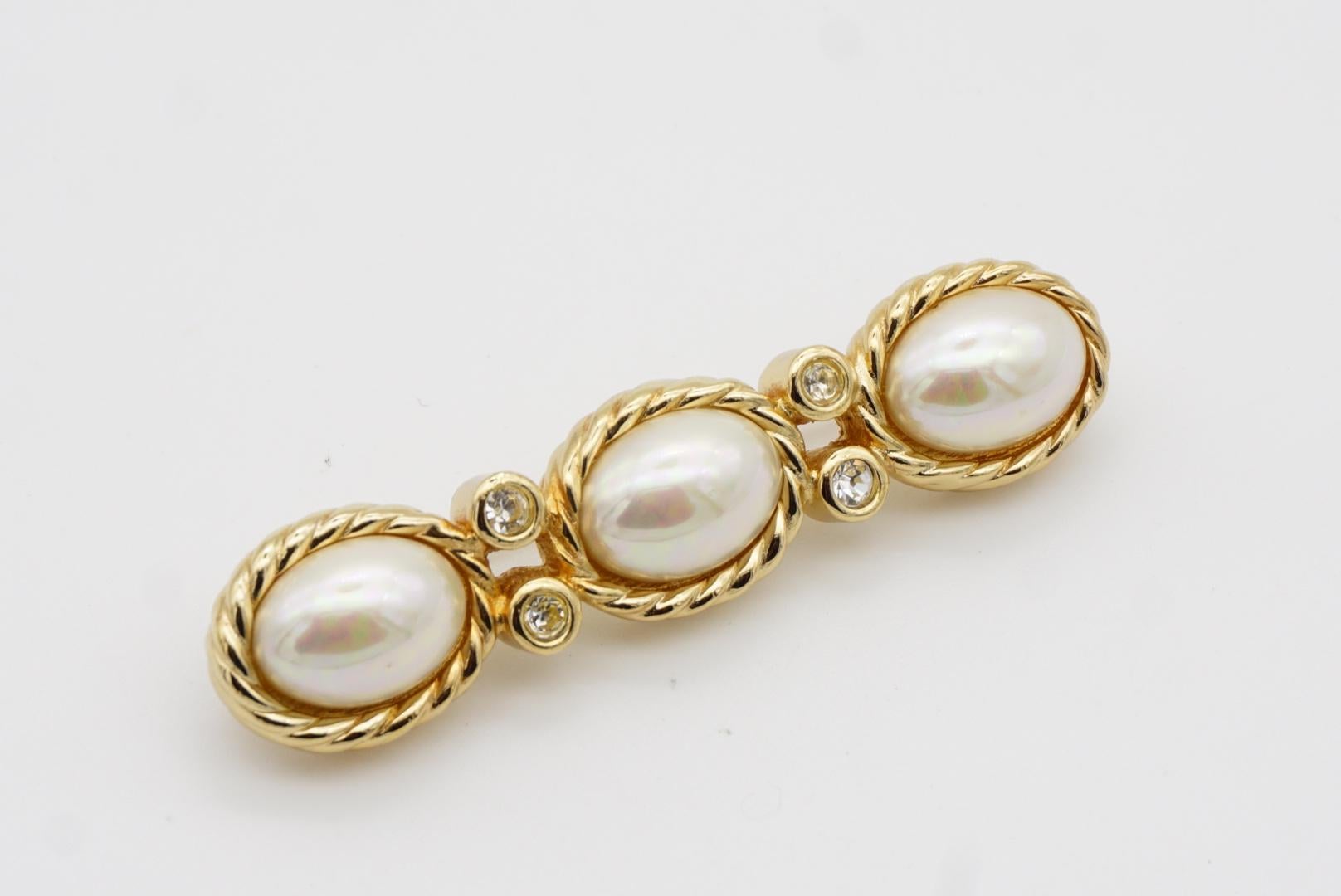Christian Dior Vintage anni '80 Trio ovale di perle bianche e cristalli Spilla a barra lunga in vendita 5