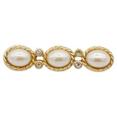 Christian Dior Vintage 1980s Trio Oval White Pearls Crystals Long Bar Brooch
