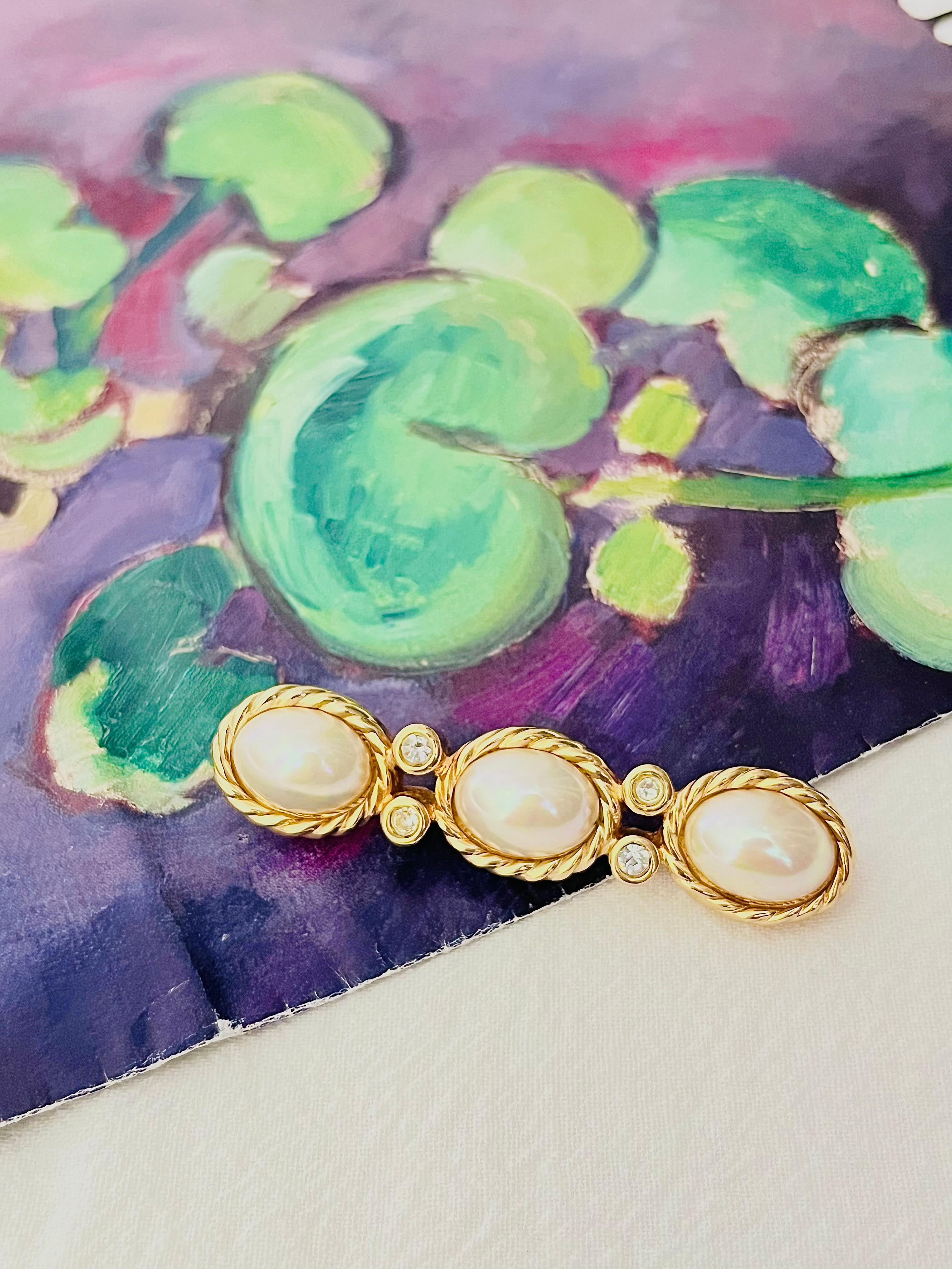 Art Déco Christian Dior Vintage anni '80 Trio ovale di perle bianche e cristalli Spilla a barra lunga in vendita