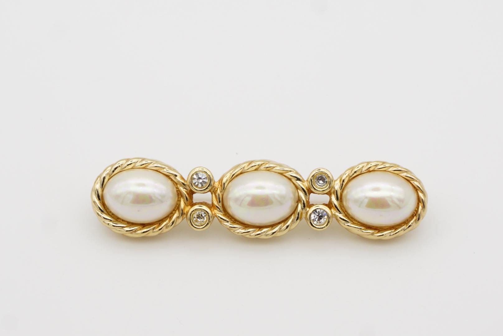 Christian Dior Vintage anni '80 Trio ovale di perle bianche e cristalli Spilla a barra lunga in vendita 4