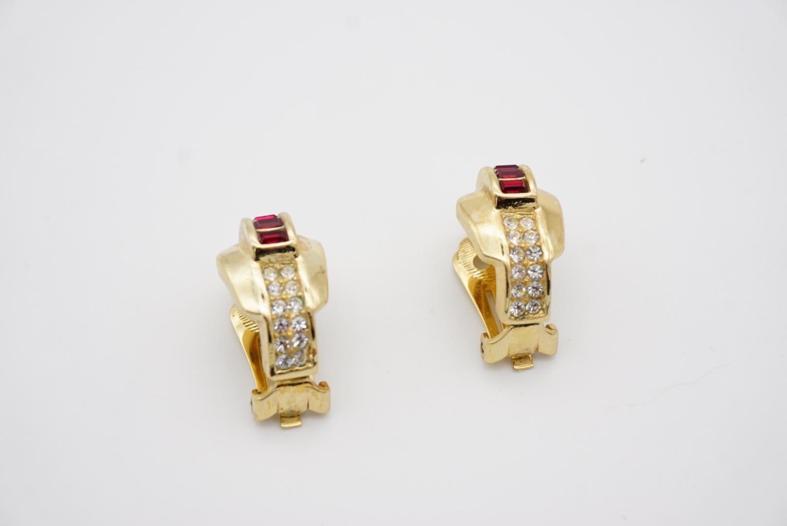Art Nouveau Christian Dior Vintage 1980s Trio Red Crystals Half Hoop Gold Clip On Earrings For Sale