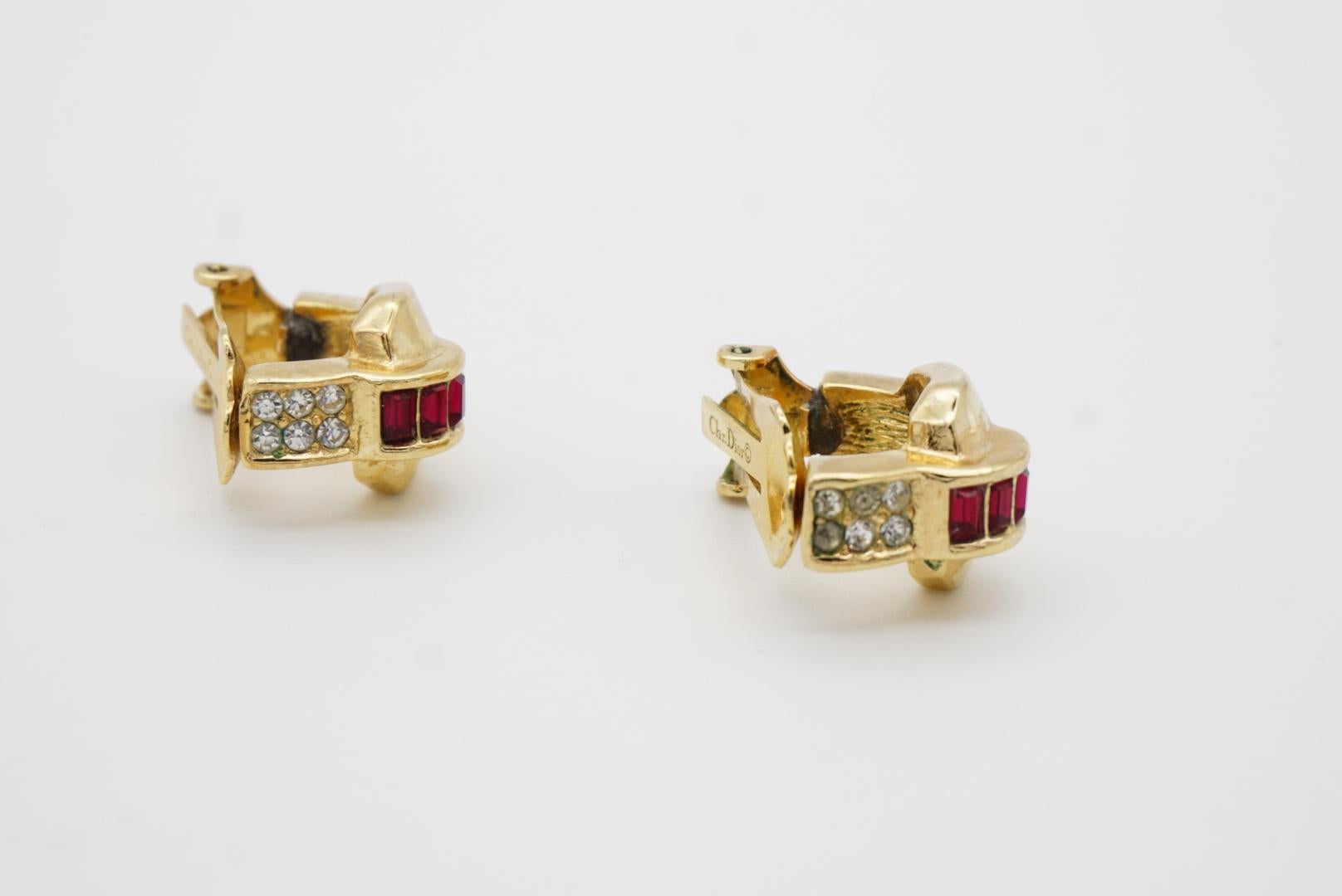Women's or Men's Christian Dior Vintage 1980s Trio Red Crystals Half Hoop Gold Clip On Earrings For Sale