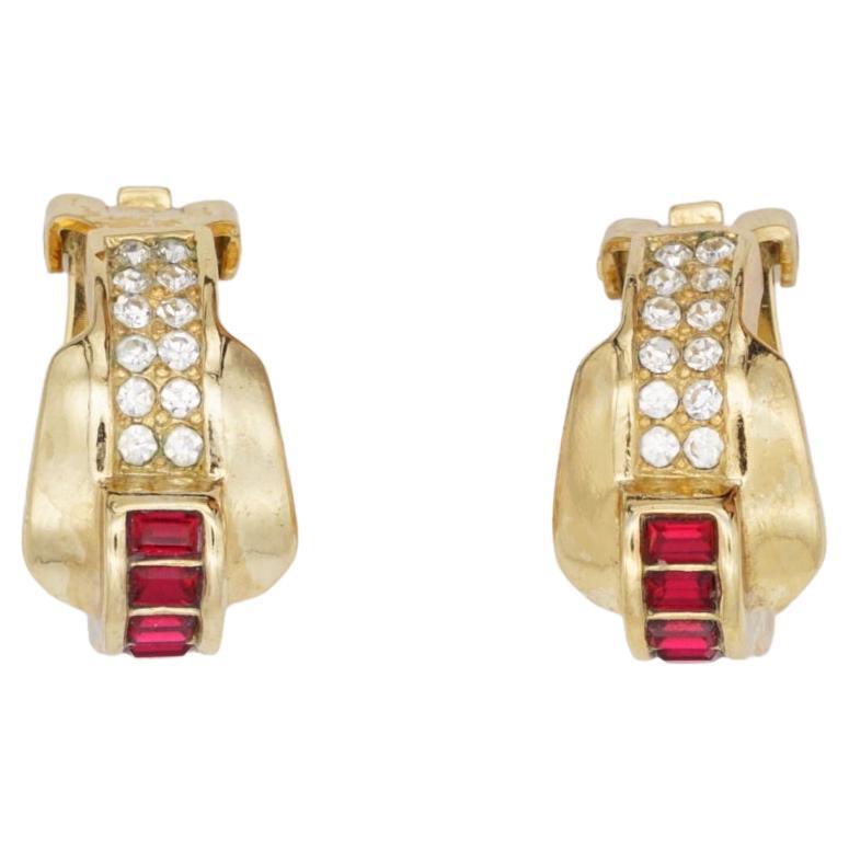 Christian Dior Vintage 1980s Trio Red Crystals Half Hoop Gold Clip On Earrings For Sale