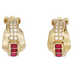 Christian Dior Vintage 1980s Trio Red Crystals Half Hoop Gold Clip On Earrings